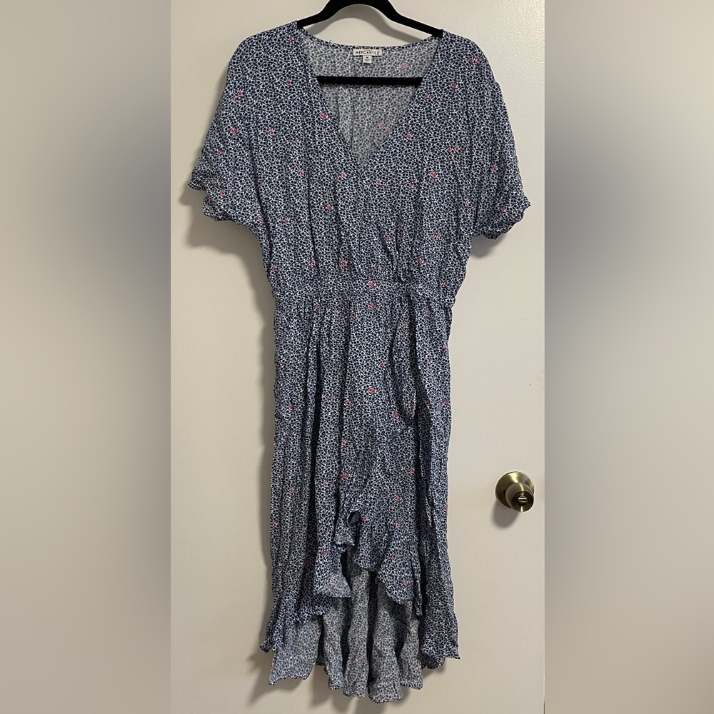 V neck midi wrap dress blue and pink floral pattern
